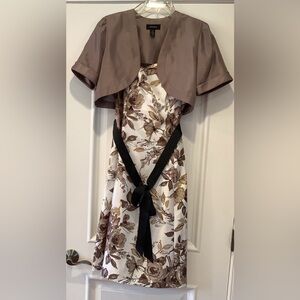 R M Richards Dress and Jacket Size 14 White with Brown Floral with Black Belt